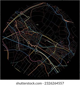 Map of Bergheim, North Rhine-Westphalia with all major and minor roads, railways and waterways. Colorful line art on black background.