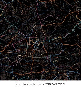 Map of BergischGladbach, North Rhine-Westphalia with all major and minor roads, railways and waterways. Colorful line art on black background.