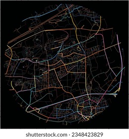 Map of Bergkamen, North Rhine-Westphalia with all major and minor roads, railways and waterways. Colorful line art on black background.