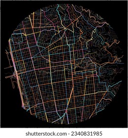 Map of Berkeley, California with all major and minor roads, railways and waterways. Colorful line art on black background.