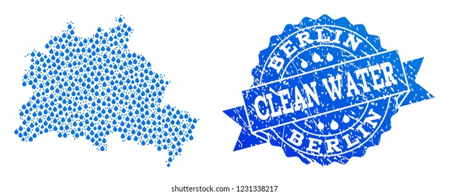 Map of Berlin City vector mosaic and clean water grunge stamp. Map of Berlin City designed with blue water tears. Seal with grunge rubber texture for natural drinking water.