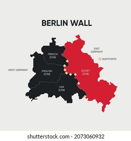 A map of Berlin during the Cold War, including the Berlin Wall. Infographics map. Fully editable vector, data in layers.