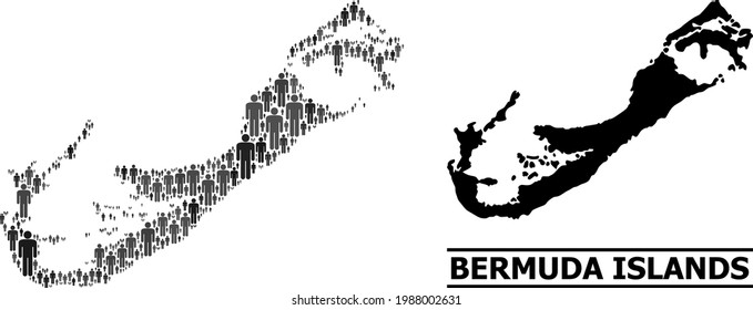 Mapa de las Islas Bermudas para aplicaciones demográficas. Collage demográfico vectorial. Mapa de collage de las Islas Bermudas organizado de objetos de la gente. Esquema demográfico en tonos grises oscuros.