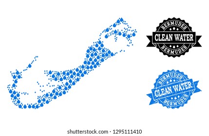 Map of Bermuda Islands vector mosaic and clean water grunge stamp. Map of Bermuda Islands formed with blue water dews. Seal with retro rubber texture for clean drinking water.