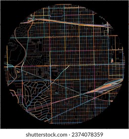 Map of Berwyn, Illinois with all major and minor roads, railways and waterways. Colorful line art on black background.