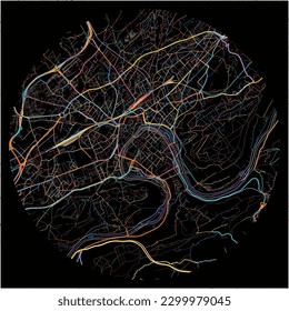 Map of Besancon, Doubs with all major and minor roads, railways and waterways. Colorful line art on black background.