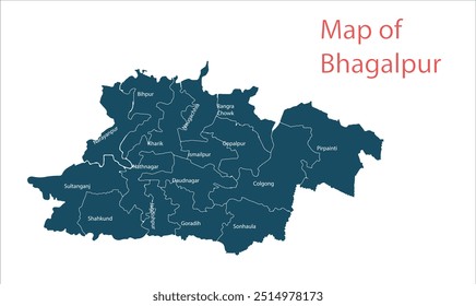 Mapa del distrito de Bhagalpur, distrito de Bhagalpur, estado de Bihar, República de la India, Gobierno de Bihar, territorio indio, India oriental, política, aldea, turismo