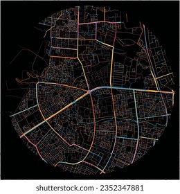 Map of Bhubaneswar, Odisha with all major and minor roads, railways and waterways. Colorful line art on black background.
