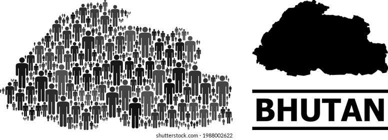 Map of Bhutan for demographics promotion. Vector demographics collage. Concept map of Bhutan combined of men pictograms. Demographic scheme in dark grey color tints.
