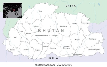 Map of Bhutan with district boundaries with their names and marked with surrounding countries