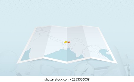 Map of Bhutan with the flag of Bhutan in the contour of the map on a trip abstract backdrop. Travel illustration.