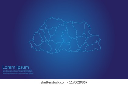 Map of bhutan - With glowing point and lines scales on the dark gradient background. bhutan map with country borders, thin Blue outline on Dark background.