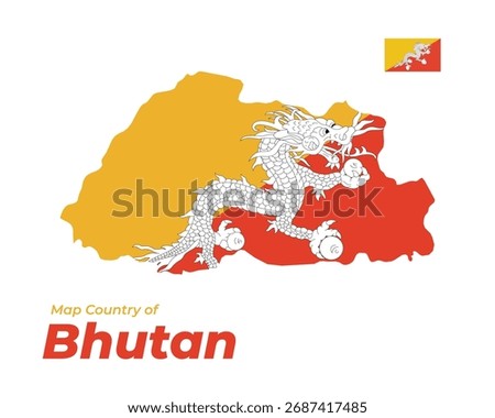 Map of Bhutan with national flag colors and coat of arms inside. Vector illustration of Asia country outline, patriotic symbol design.