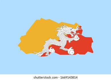 Map of Bhutan on a blue background, Flag of Bhutan  on it.