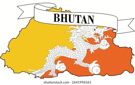 The map of Bhutan overlaid with the flag of Bhutan and its name written on a ribbon