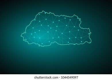 Map of Bhutan from Polygonal wire frame low poly mesh, contours network line, luminous space stars, design sphere, dot and structure. Vector Illustration EPS10.