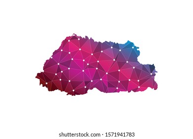Map of Bhutan from Polygonal wire frame low poly mesh, contours network line, luminous space stars, design sphere, dot and structure. Vector Illustration EPS10.