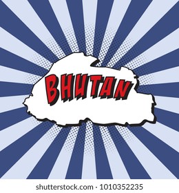 map of bhutan in pop art style with name of country, halftone dotted shadows and radial lines