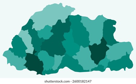 Map of Bhutan with regions. Just a simple country border map with region division. Teal color palette. Plain Kingdom of Bhutan shape with administrative division. Vector illustration.