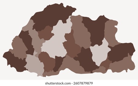 Map of Bhutan with regions. Just a simple country border map with region division. Brown color palette. Blank Kingdom of Bhutan shape with administrative division. Vector illustration.