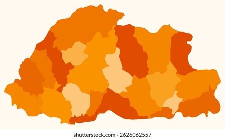 Mapa do Butão com regiões. Apenas um simples mapa de fronteira de país com divisão de região. Paleta de cores laranja. Forma de Reino do Butão simples com divisão administrativa. Ilustração vetorial.