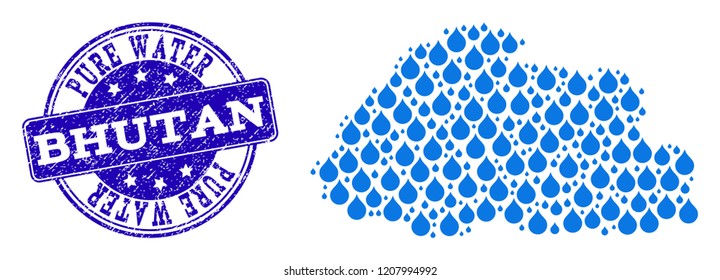 Map of Bhutan vector mosaic and Pure Water grunge stamp. Map of Bhutan created with blue aqua tears. Seal with unclean rubber texture for natural drinking water.