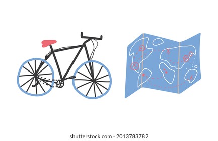 Map and Bicycle as Travel and Tourism Symbol Vector Set