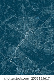 Mapa de Bielefeld, Alemanha, renderizado em um estilo minimalista. O mapa apresenta um fundo azul-petróleo escuro com linhas brancas representando estradas e ruas.