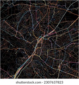 Map of Bielefeld, North Rhine-Westphalia with all major and minor roads, railways and waterways. Colorful line art on black background.