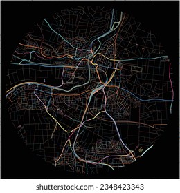 Map of Bietigheim-Bissingen, Baden-Wuerttemberg with all major and minor roads, railways and waterways. Colorful line art on black background.