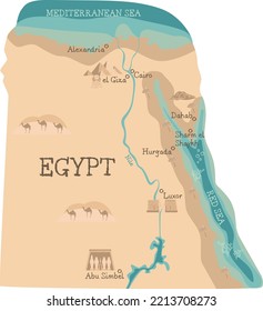 Map with big cities and tourist attractions of Egypt. Pyramids, deserts, Luxor temple, Mount Moses, Abu simbel, coral, sea.