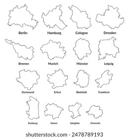 Map of Biggest German cities by land area (16 cities): Berlin, Hamburg, Cologne, Dresden, Bremen, Munich, Münster, Leipzig, Dortmund, Erfurt, Bielefeld, Frankfurt, Duisburg, Hamm, Salzgitter