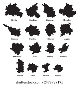 Map of Biggest German cities by land area (16 cities): Berlin, Hamburg, Cologne, Dresden, Bremen, Munich, Münster, Leipzig, Dortmund, Erfurt, Bielefeld, Frankfurt, Duisburg, Hamm, Salzgitter