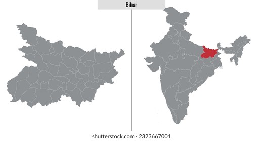 mapa del estado de Bihar en la India y ubicación en el mapa de la India