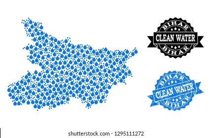 Map of Bihar State vector mosaic and clean water grunge stamp. Map of Bihar State designed with blue liquid drops. Seal with grunge rubber texture for pure drinking water.