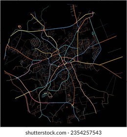 Mapa de Bijeljina (República Srpska) con todas las carreteras principales y menores, los ferrocarriles y las vías fluviales. Coloridas líneas de arte sobre fondo negro.