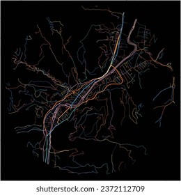Map of BijeloPolje, Northern with all major and minor roads, railways and waterways. Colorful line art on black background.