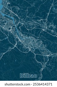 Mapa de Bilbao, España, mostrando el diseño de la ciudad y el paisaje circundante. El mapa presenta una red de carreteras, ríos y otras características geográficas.