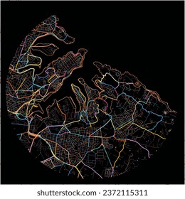 Map of Birgu, South Eastern Region with all major and minor roads, railways and waterways. Colorful line art on black background.