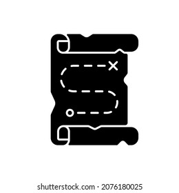 Map black glyph icon. Searching for pirate treasure. Marked pathway on vintage scroll. Clues for riddles. Part of quest. Escape room. Silhouette symbol on white space. Vector isolated illustration