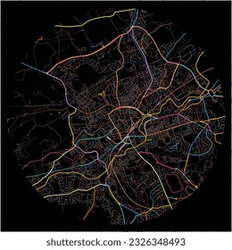Map of Blackburn, North West England with all major and minor roads, railways and waterways. Colorful line art on black background.