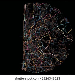 Map of Blackpool, North West England with all major and minor roads, railways and waterways. Colorful line art on black background.