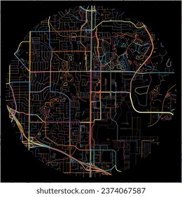 Map of Blaine, Minnesota with all major and minor roads, railways and waterways. Colorful line art on black background.