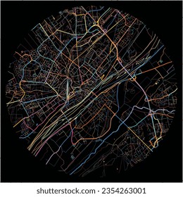 Map of Blois, Loir-et-Cher with all major and minor roads, railways and waterways. Colorful line art on black background.