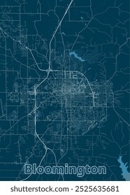 Map of Bloomington, featuring a network of roads and streets against a dark blue background. The map highlights the city's layout, including major thoroughfares, smaller roads, and bodies of water.