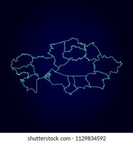  map: blue glitter outline with sparkling stars on dark background. Detailed map of . Vector illustration.