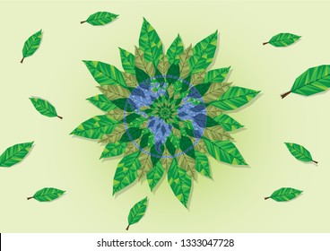 Map in blue on leaves, earth day