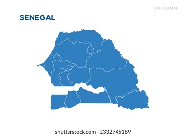 Mapa azul de Senegal sobre vector de fondo blanco.
