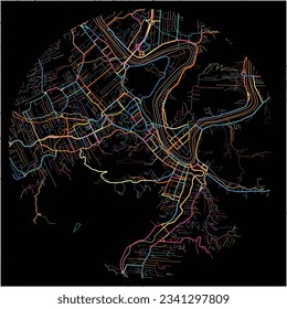 Map of Blumenau with all major and minor roads, railways and waterways. Colorful line art on black background.
