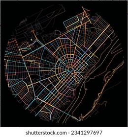 Map of BoaVista with all major and minor roads, railways and waterways. Colorful line art on black background.